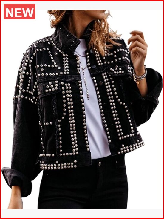 Jackets & Blazers - Crop Fringe Denim Jacket Distressed Western Studded Black Trucker